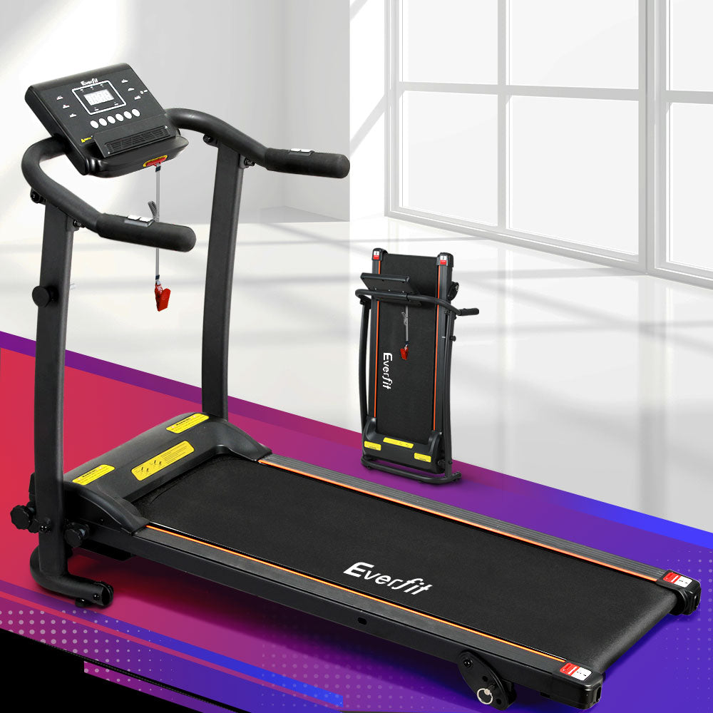 Everfit electric foldable treadmill by Hlpmedical for home gym fitness, showing the running belt and control panel.
