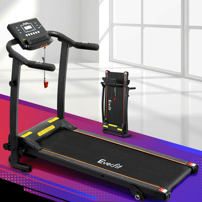Everfit electric foldable treadmill by Hlpmedical for home gym fitness, showing the running belt and control panel.