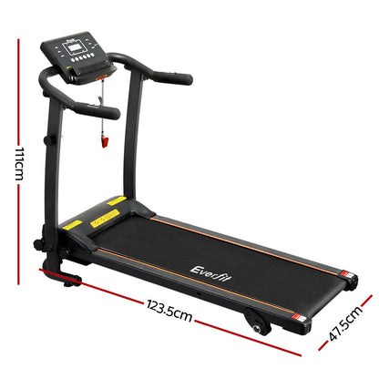 Everfit electric foldable treadmill by Hlpmedical for home gym fitness, showing the running belt and control panel.