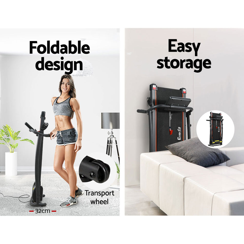 Everfit electric foldable treadmill by Hlpmedical for home gym fitness, showing the running belt and control panel.