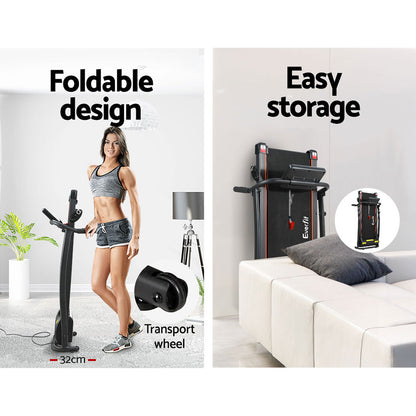 Everfit electric foldable treadmill by Hlpmedical for home gym fitness, showing the running belt and control panel.