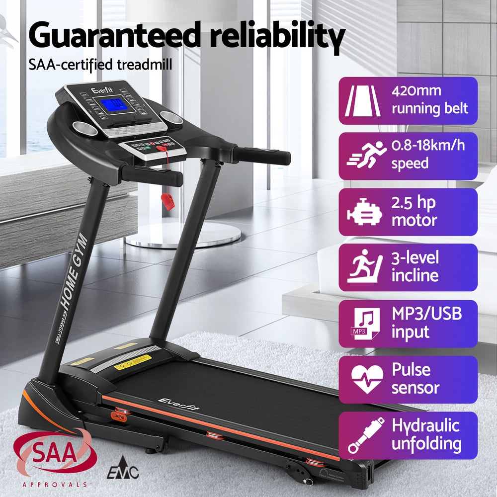 Everfit electric treadmill by Hlpmedical for home gym workouts, featuring hydraulic 420mm running surface and fitness exercise capabilities.