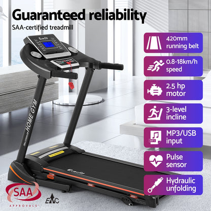 Everfit electric treadmill by Hlpmedical for home gym workouts, featuring hydraulic 420mm running surface and fitness exercise capabilities.