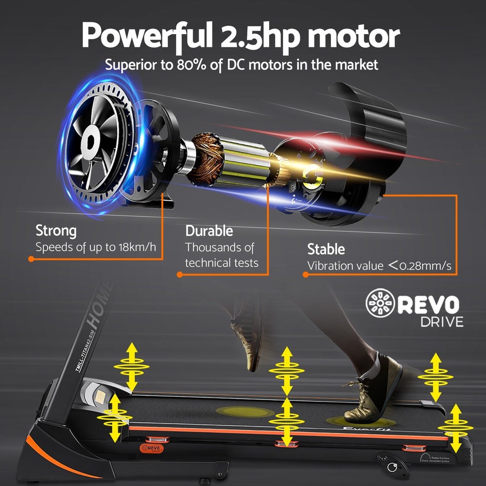 Everfit electric treadmill by Hlpmedical for home gym workouts, featuring hydraulic design and 420mm running surface.