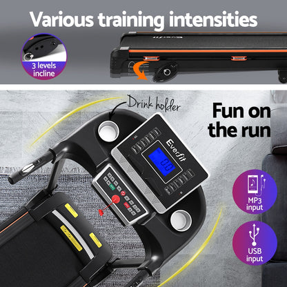 Everfit electric treadmill by Hlpmedical for home gym workouts, featuring hydraulic resistance and a 420mm running surface.