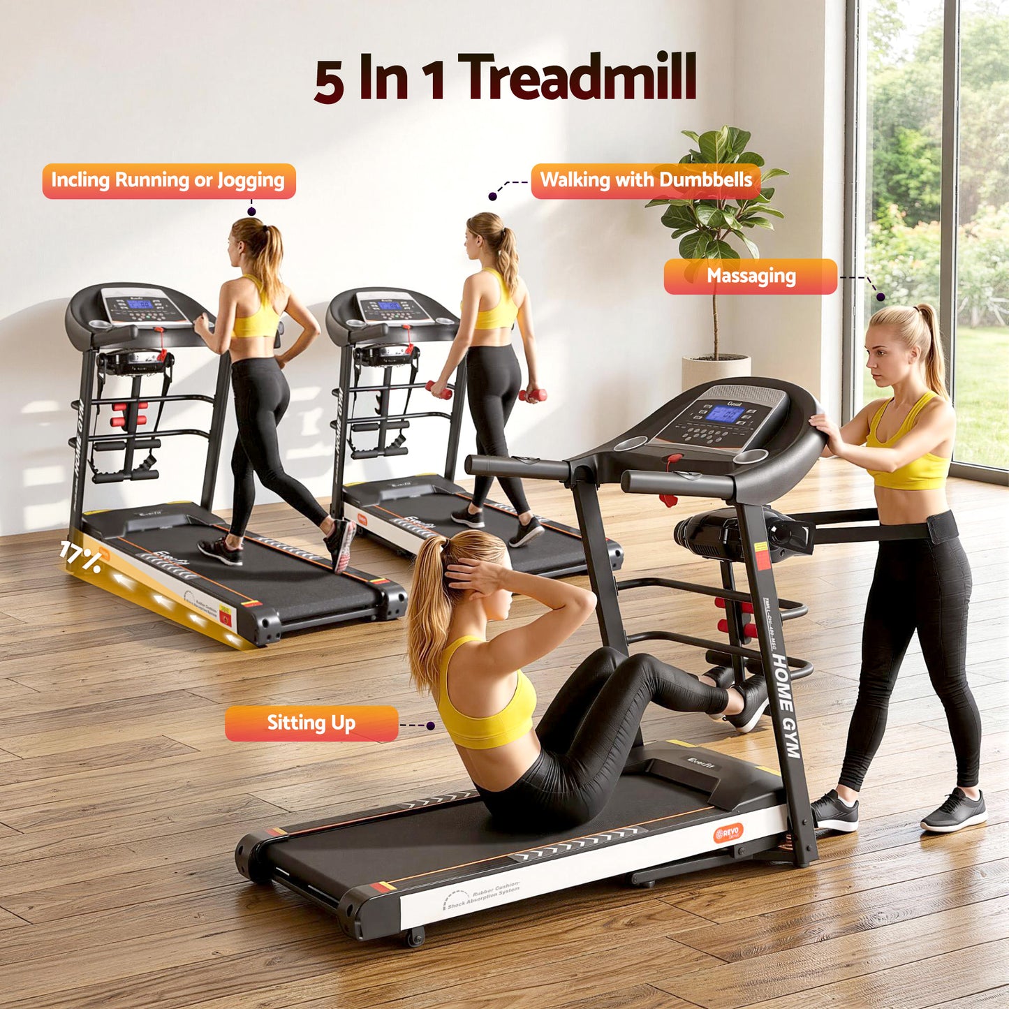 Everfit electric treadmill by Hlpmedical with a running belt, control panel, and built-in massager for home gym fitness.