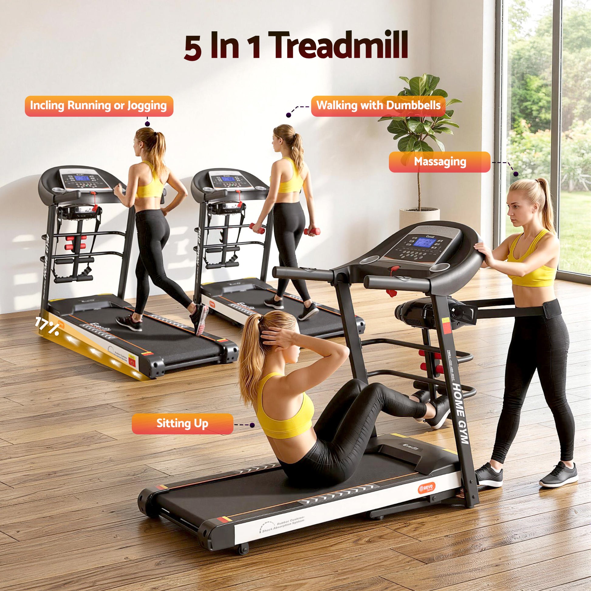 Everfit electric treadmill by Hlpmedical with a running belt, control panel, and built-in massager for home gym fitness.