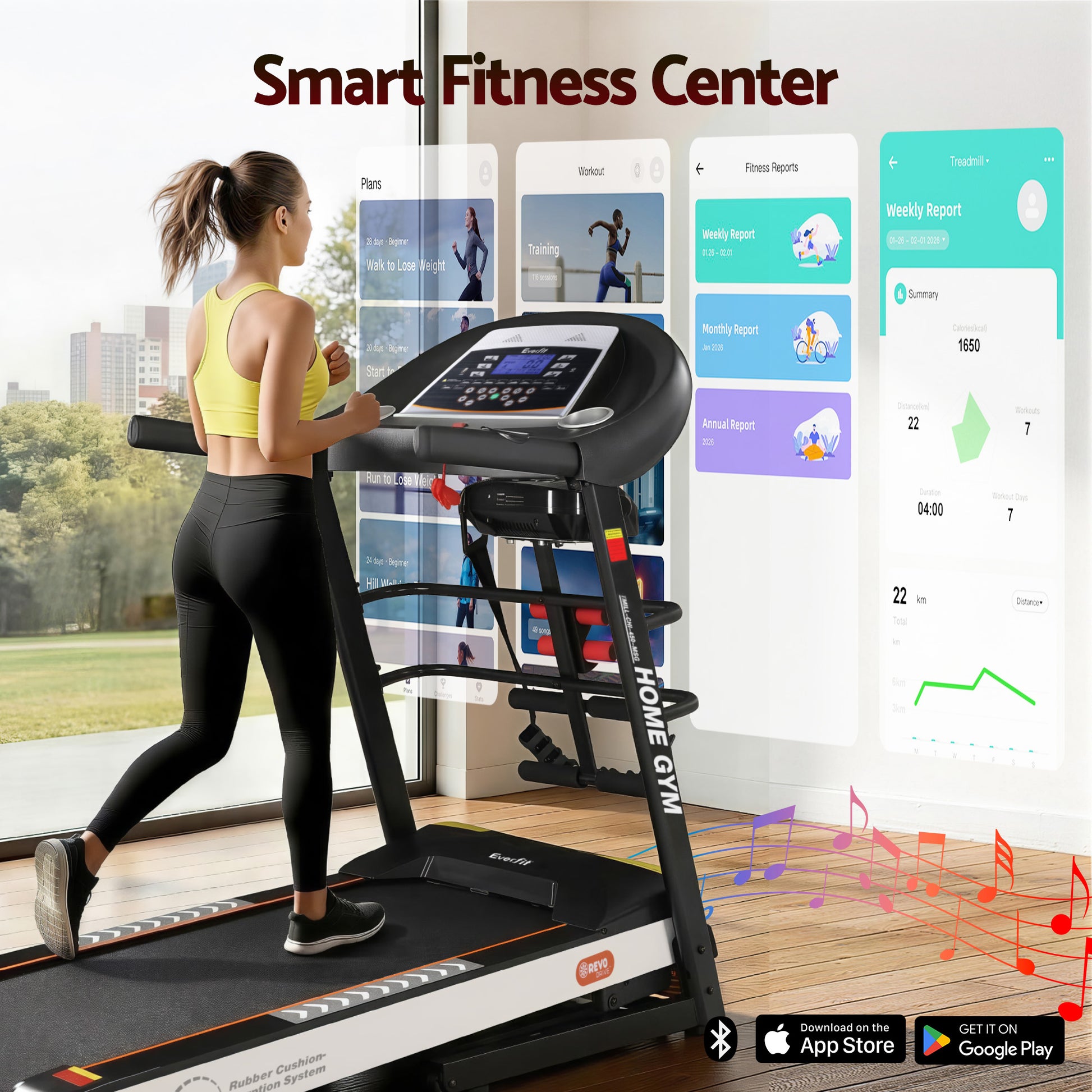 Everfit electric treadmill by Hlpmedical for home gym workouts, featuring a massager and 450mm running belt for fitness exercise.