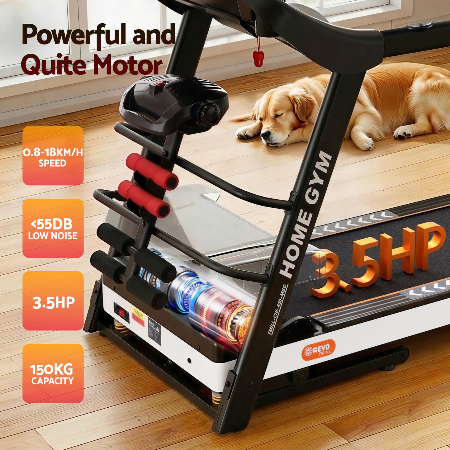 Everfit electric treadmill by Hlpmedical for home fitness with running surface and built-in massager, 450mm width.
