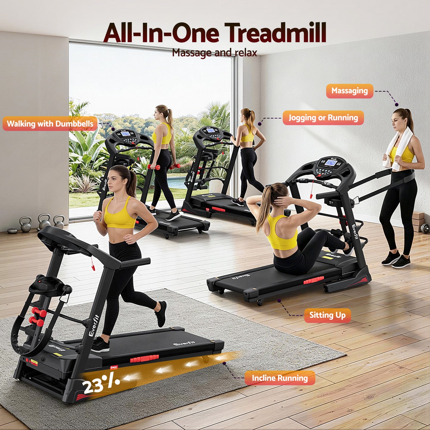 Everfit electric treadmill by Hlpmedical for home gym fitness, featuring a 480mm running surface and built-in massager.