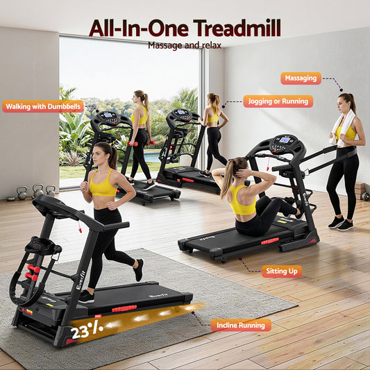 Everfit electric treadmill by Hlpmedical for home gym fitness, featuring a 480mm running surface and built-in massager.