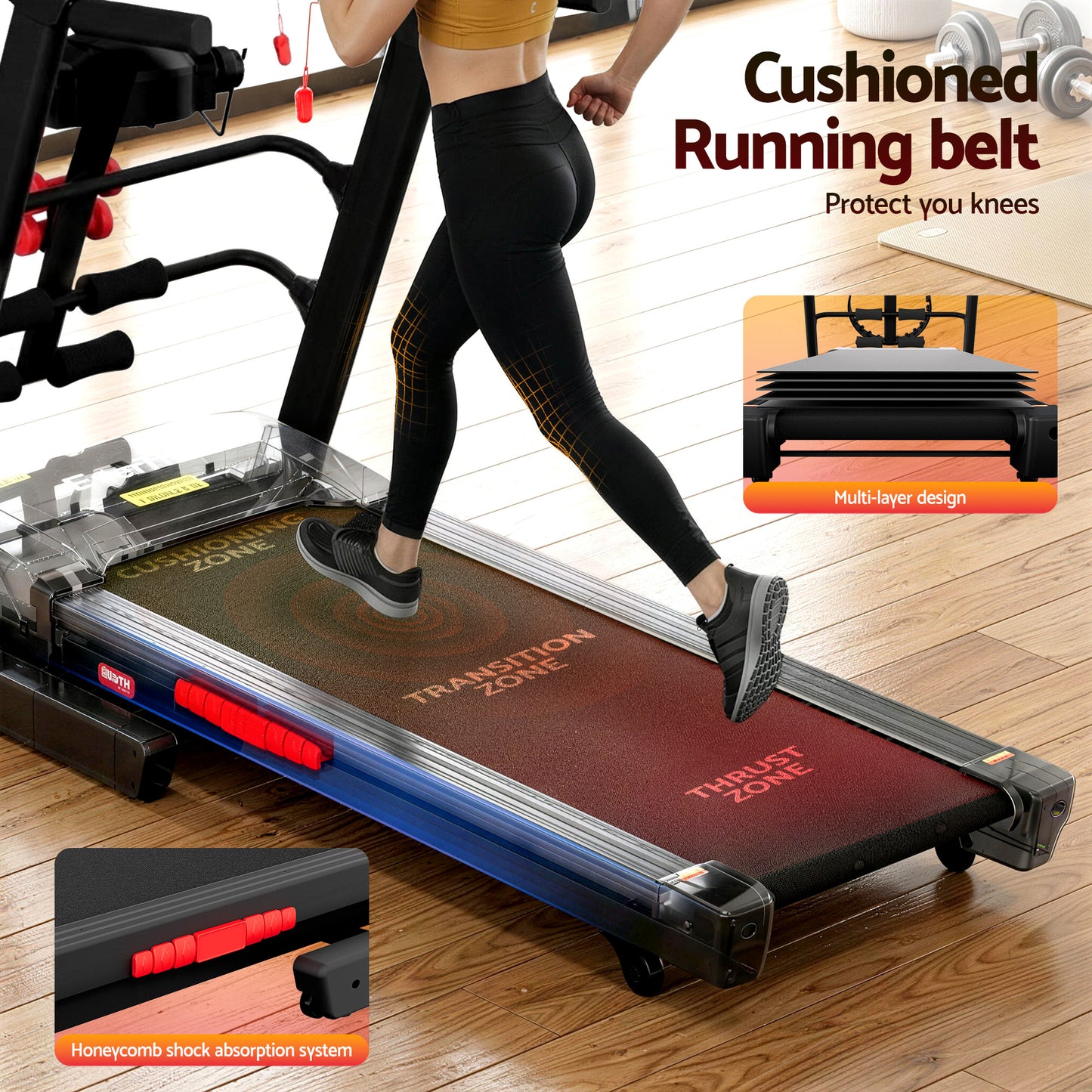 Hlpmedical Everfit electric treadmill for home gym workouts with built-in massager, 480mm wide running surface for fitness exercise.