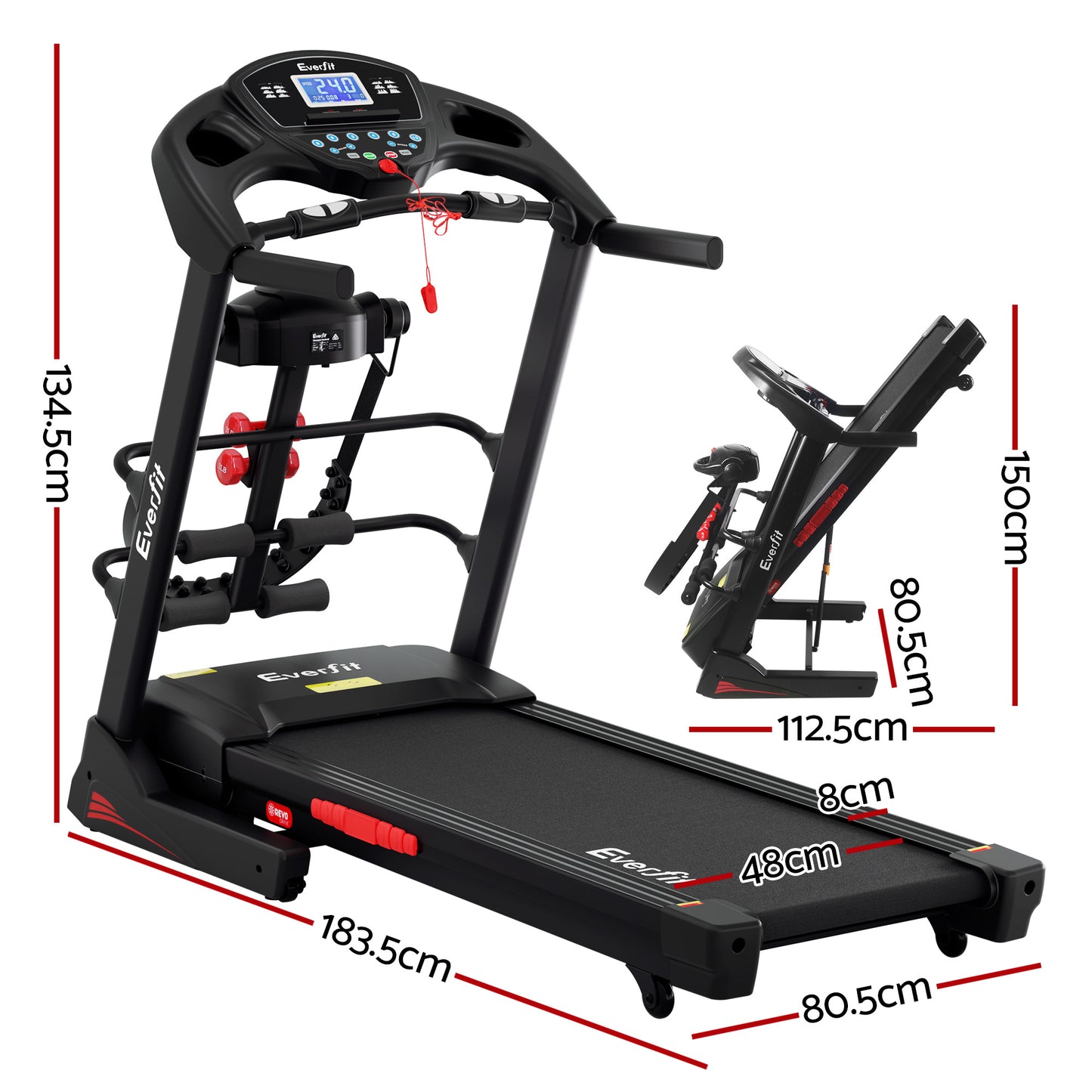 Everfit electric treadmill by Hlpmedical for home gym fitness, featuring a 480mm running deck and built-in massager.