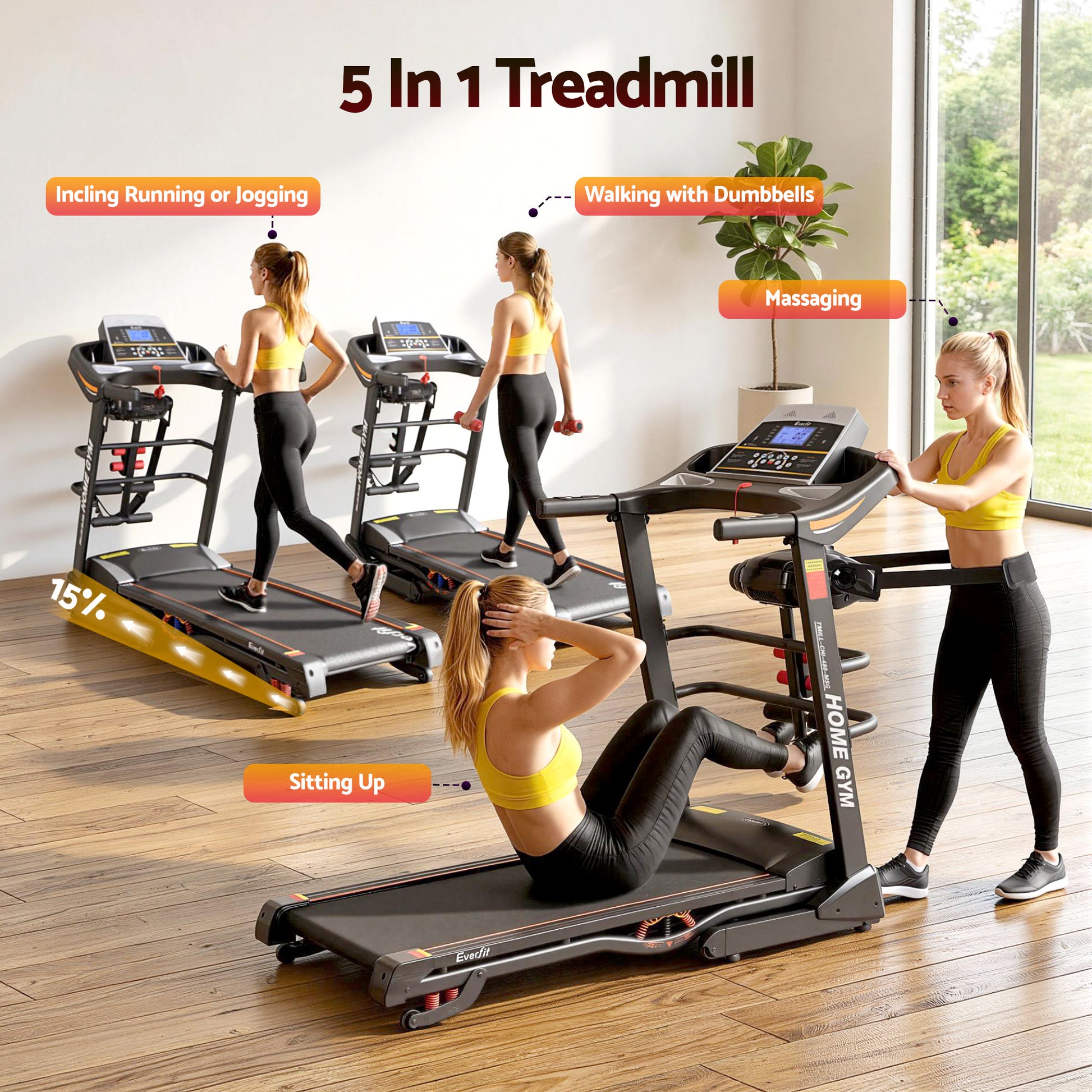 Everfit electric treadmill by Hlpmedical with a built-in massager, compact 480mm width for home gym and fitness exercise.