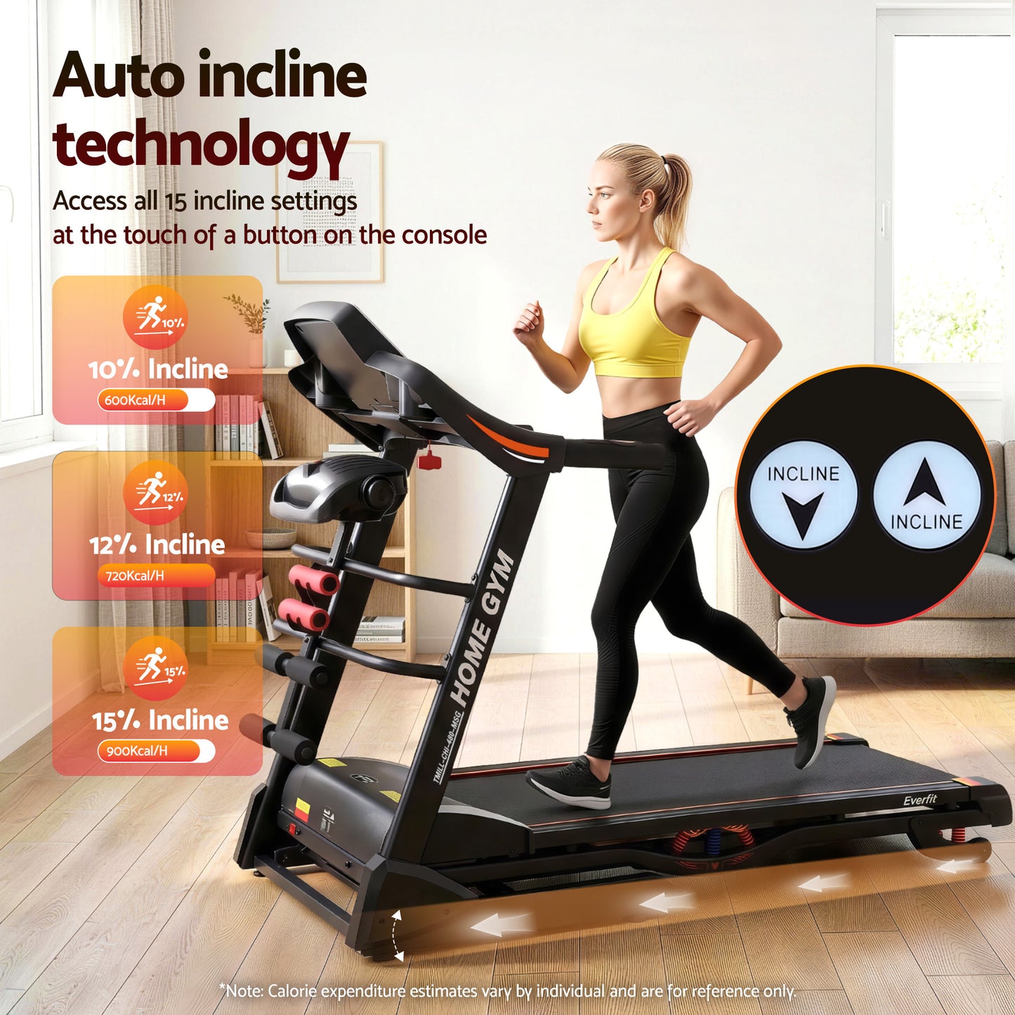 Everfit electric treadmill by Hlpmedical for home gym fitness, featuring a 480mm running surface and built-in massager.