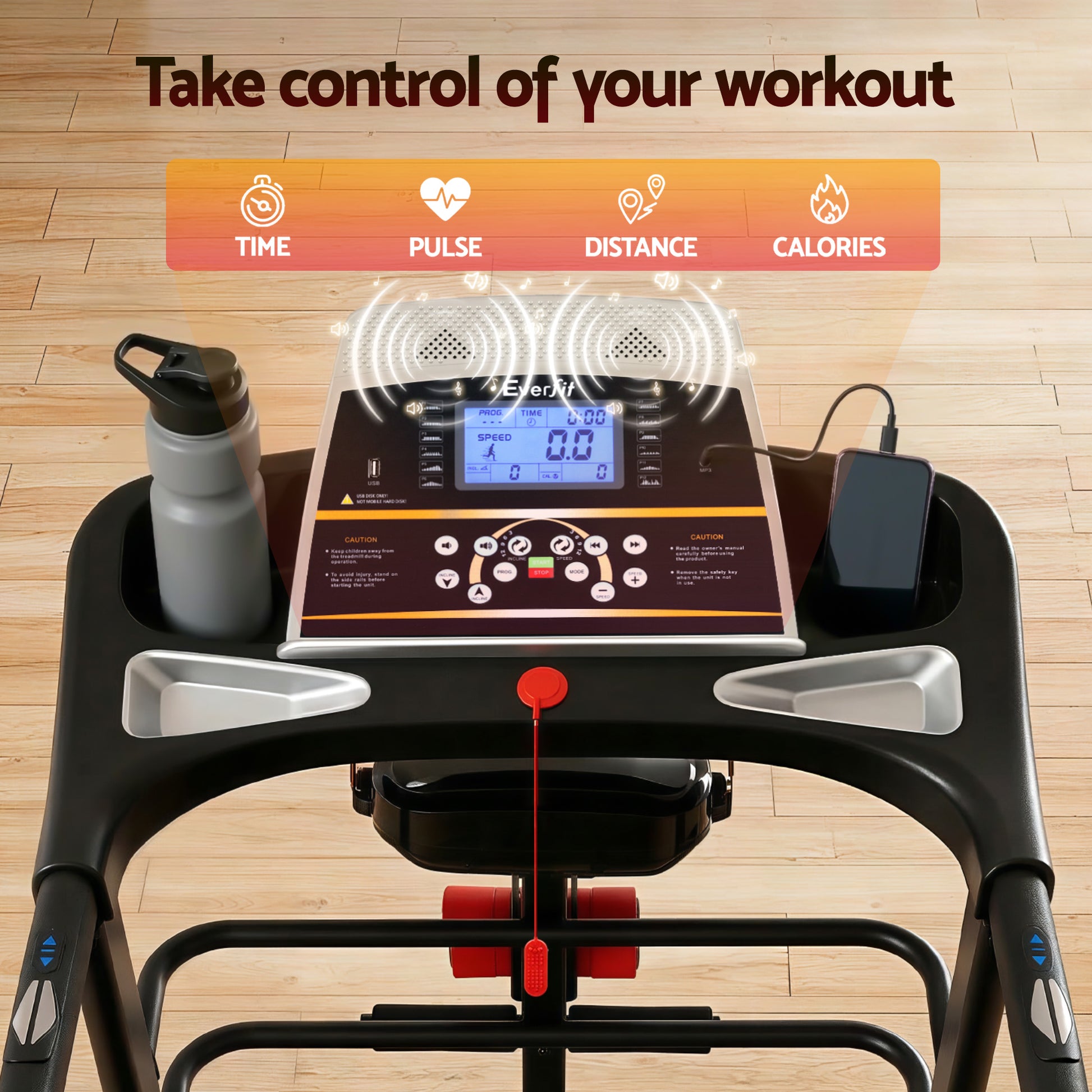 Everfit electric treadmill by Hlpmedical with digital display, sturdy frame, and built-in massager for home gym fitness workouts.