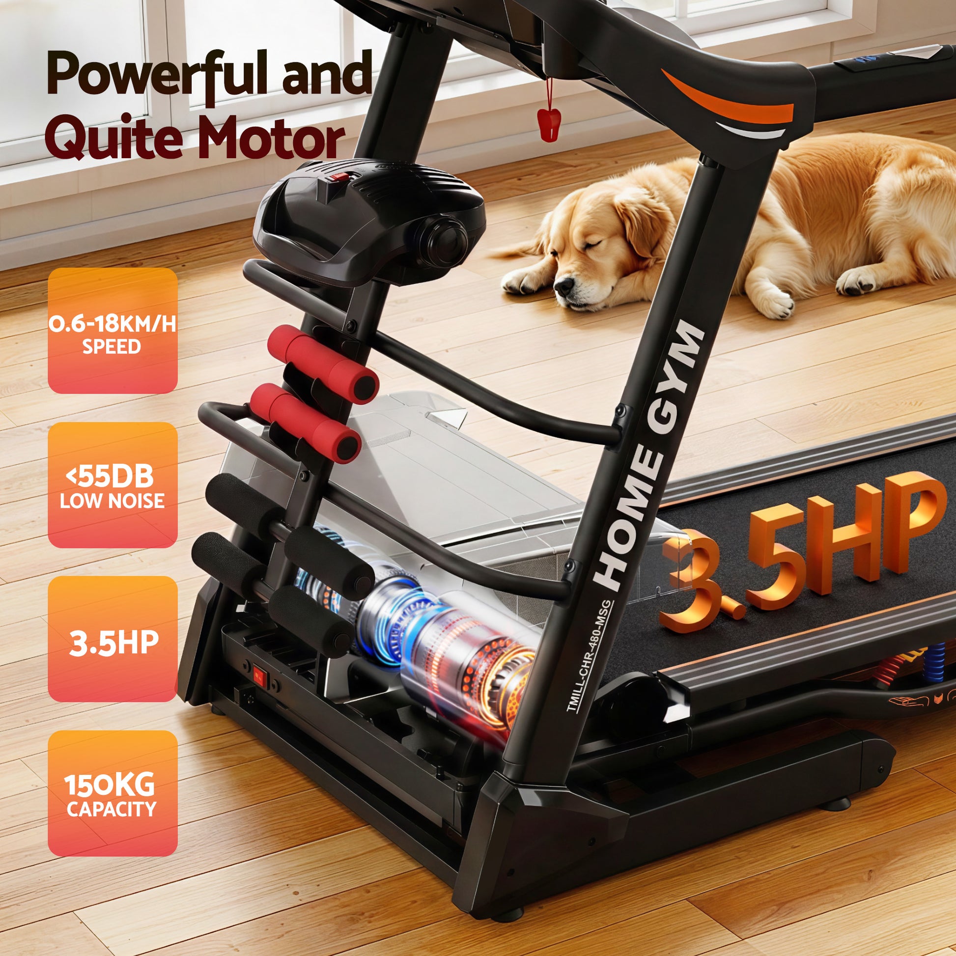 Everfit electric treadmill by Hlpmedical for home gym fitness, featuring a 480mm running belt and built-in massager.