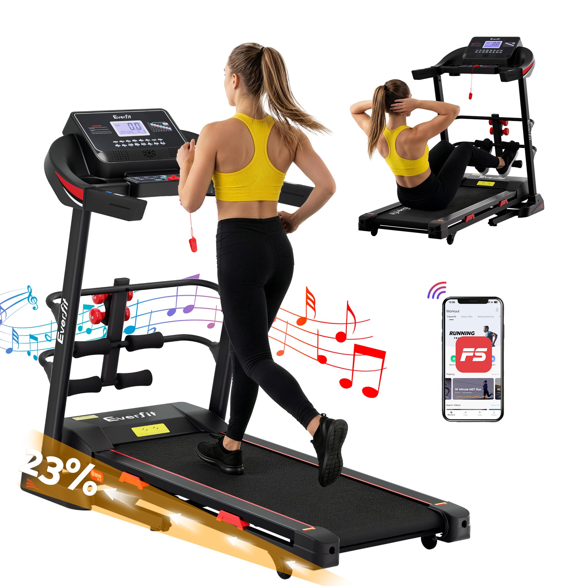 Everfit electric treadmill by Hlpmedical with sit-up bar, designed for home gym fitness and cardiovascular exercise.