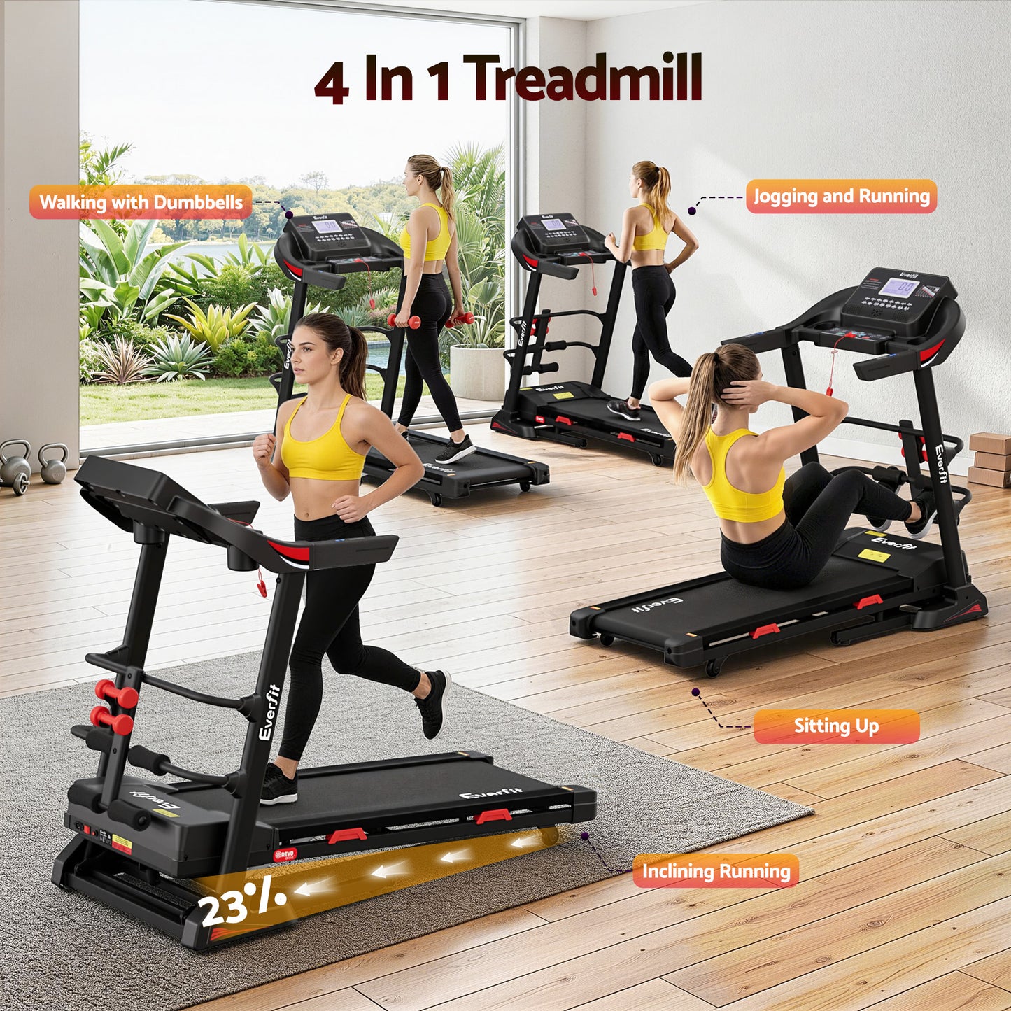 Everfit electric treadmill by Hlpmedical with sit-up bar for home gym workouts, featuring a 450mm wide running belt.