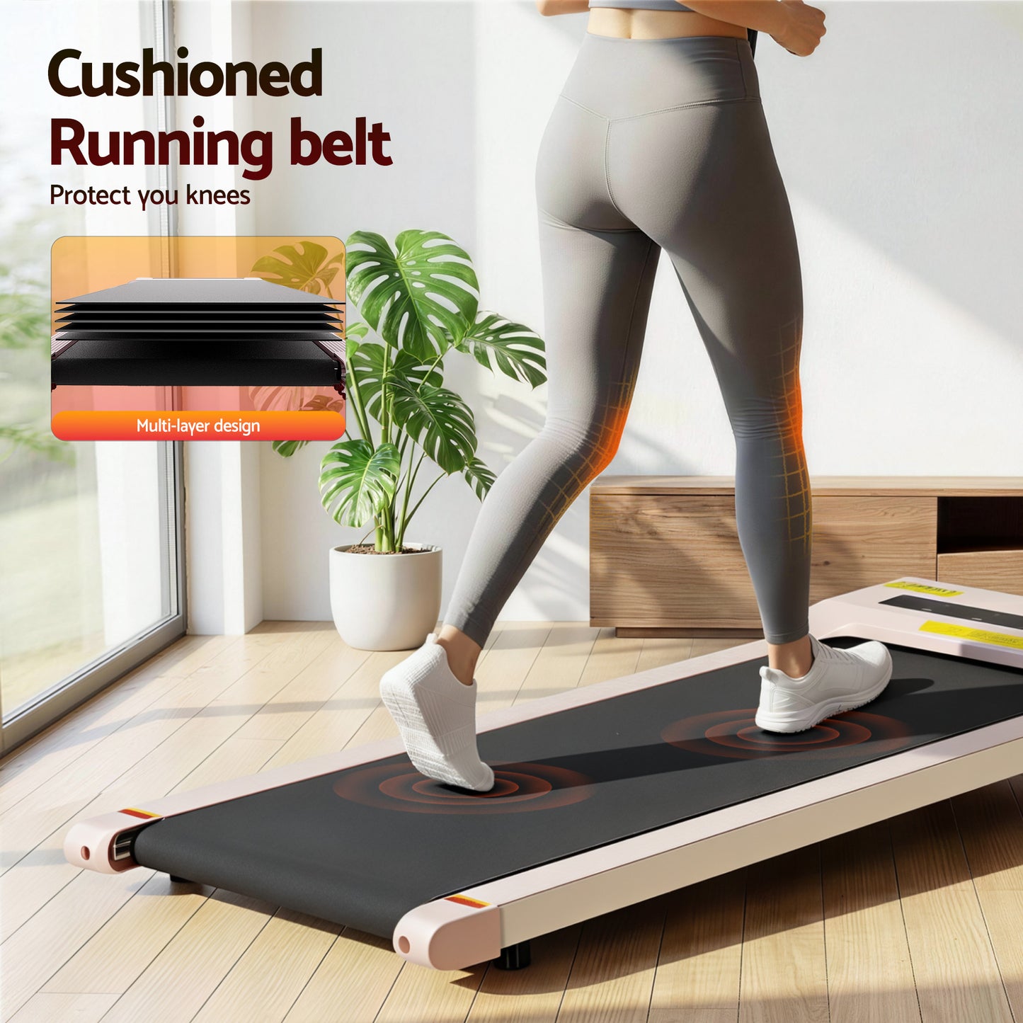 Pink Everfit electric treadmill walking pad designed for home gym use, featuring a 360mm width for under-desk fitness workouts.