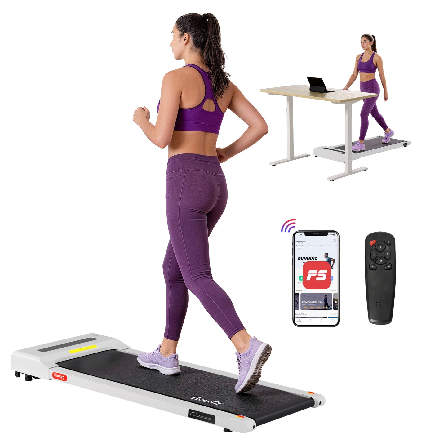Everfit electric walking treadmill by Hlpmedical, white compact under-desk gym fitness equipment with 360mm belt width.