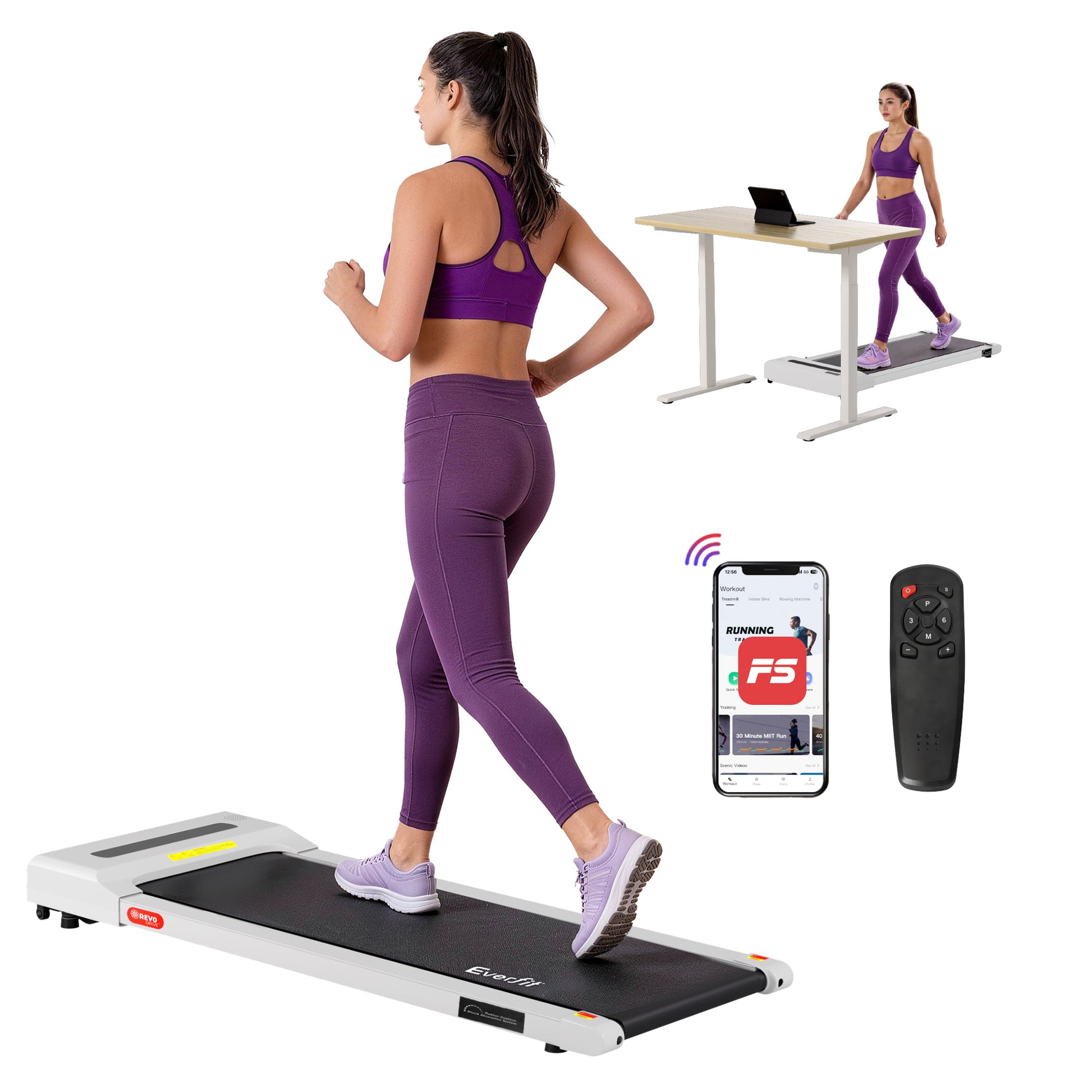 Everfit electric walking treadmill by Hlpmedical, white compact under-desk gym fitness equipment with 360mm belt width.