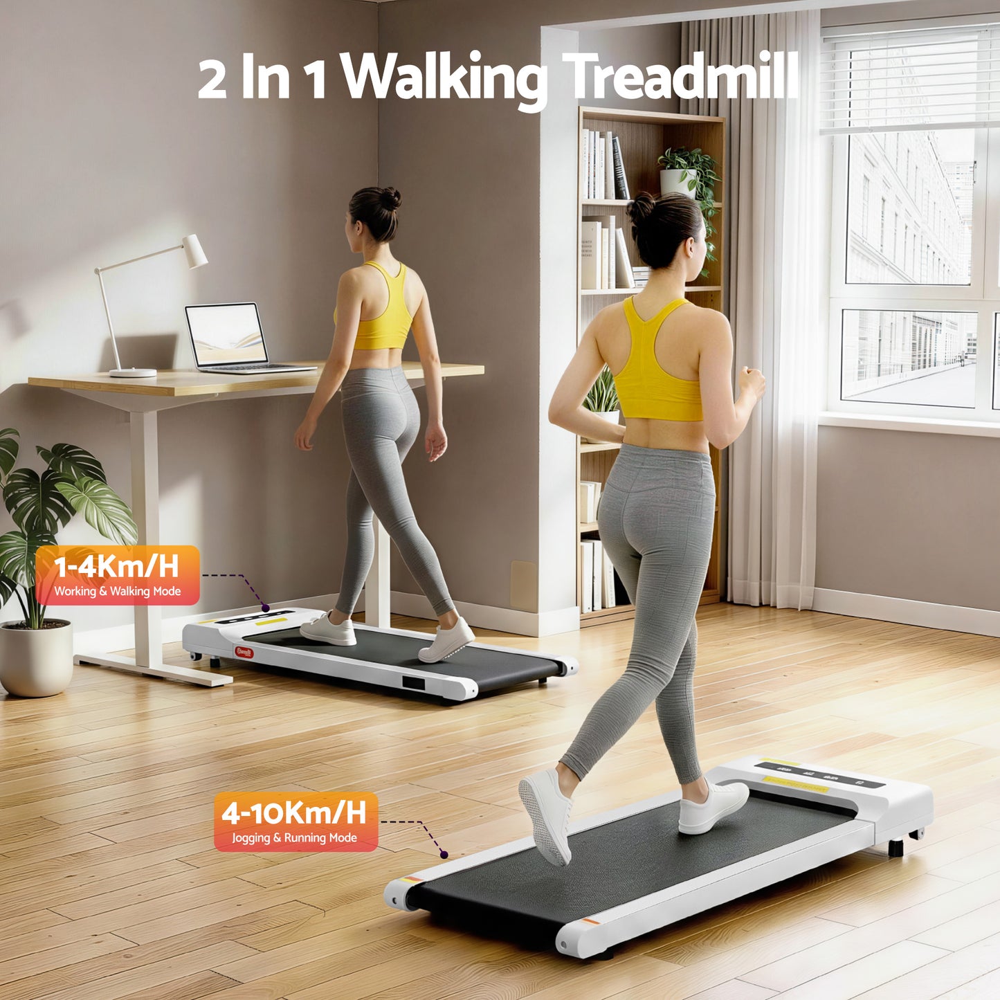 Everfit electric walking pad treadmill by Hlpmedical, white compact under-desk design for home gym and fitness.