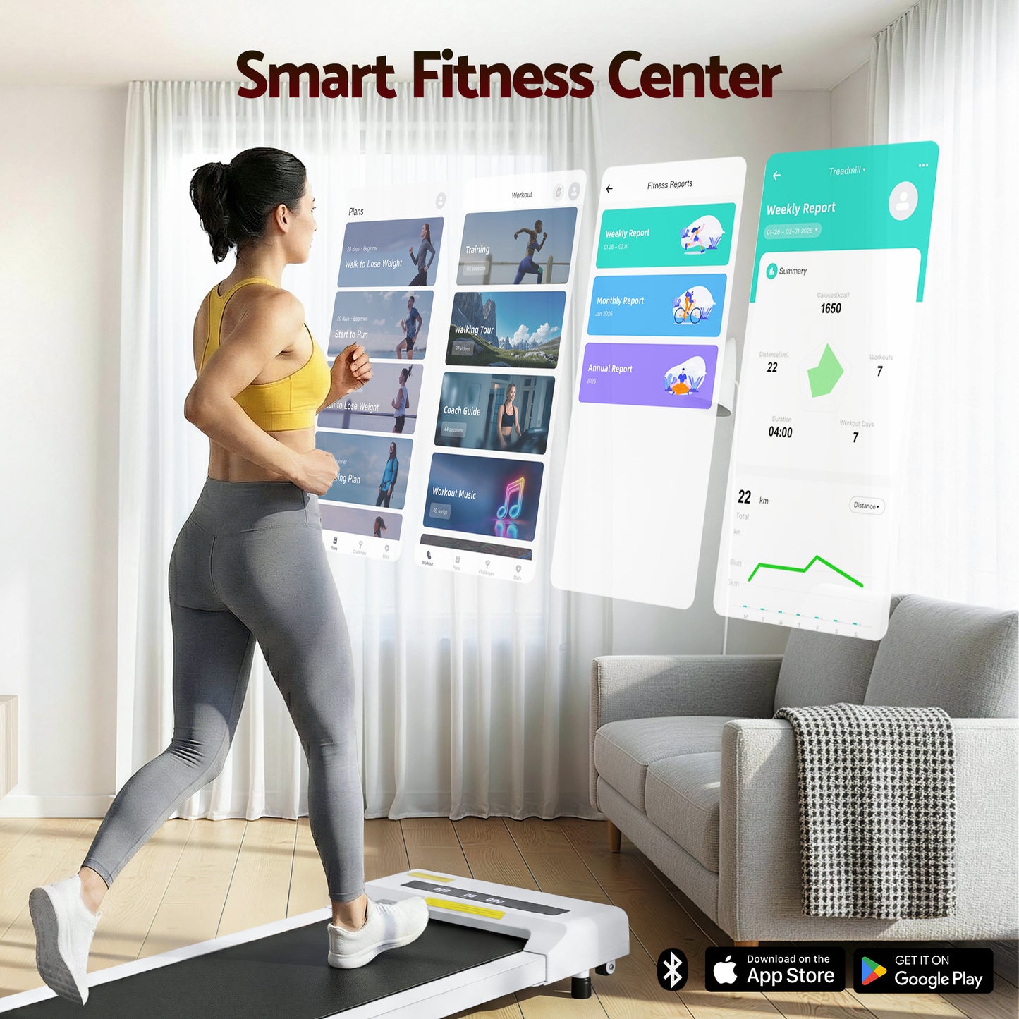 Everfit electric walking pad treadmill in white, compact under-desk design for home gym and fitness workouts.
