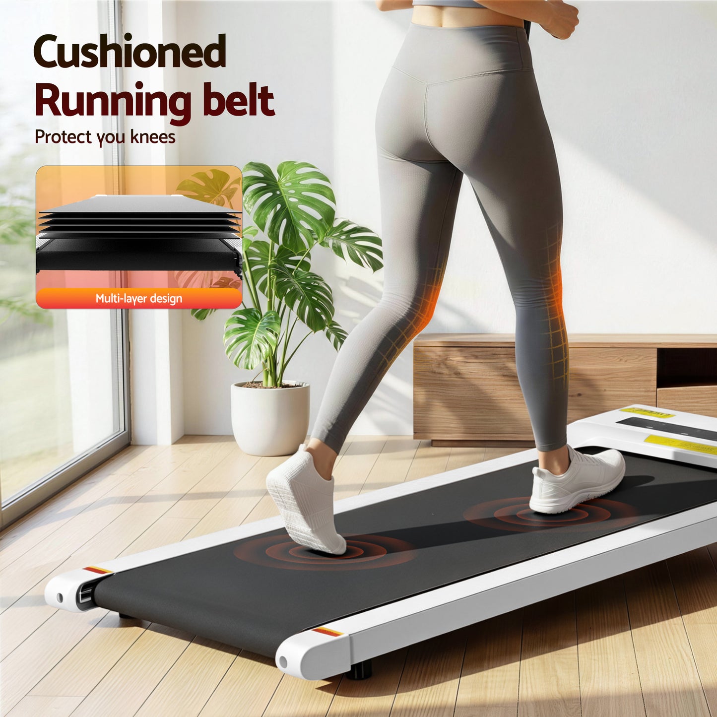 White Everfit electric treadmill walking pad for home gym, compact 360mm width, suitable for under-desk fitness exercises.