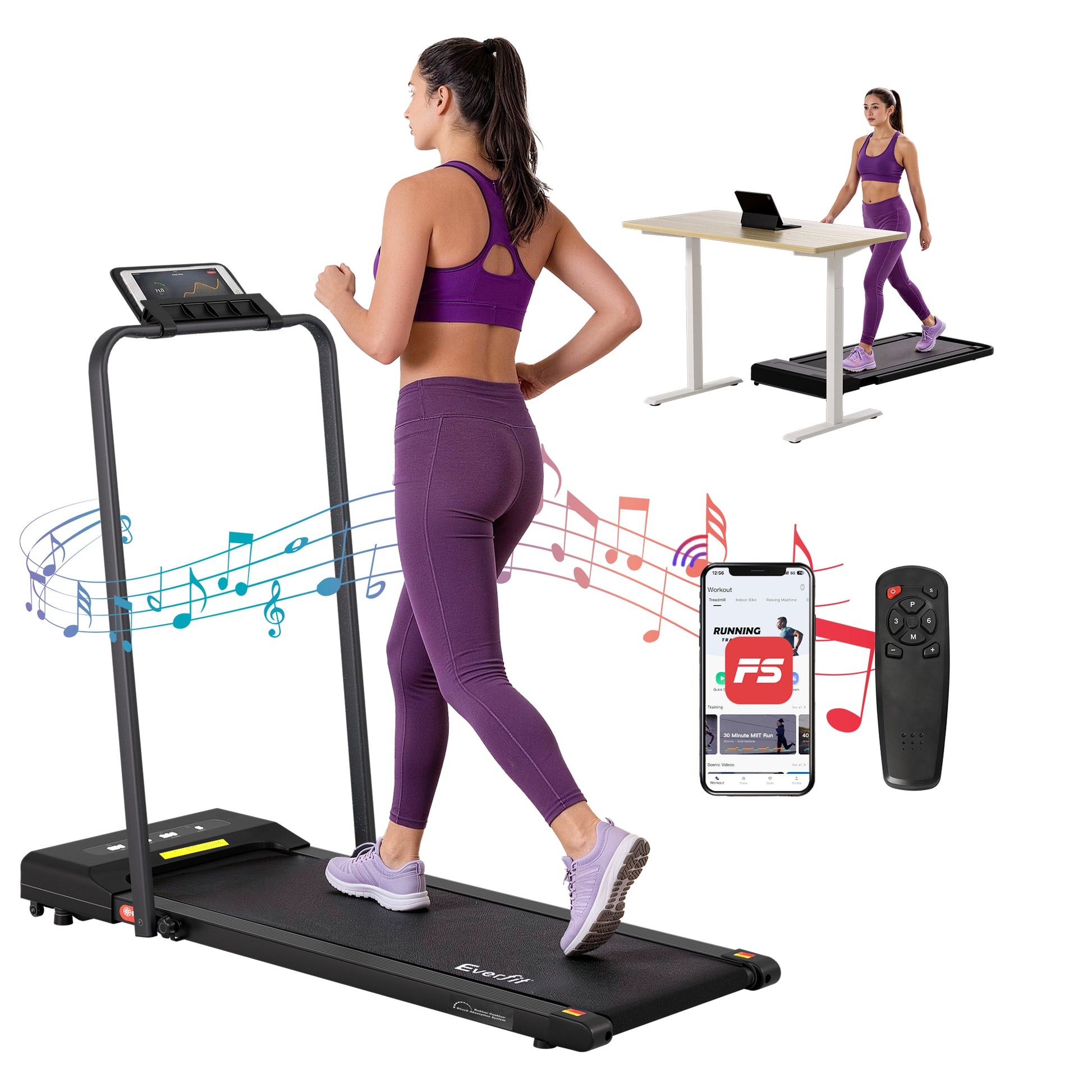 Black Everfit electric treadmill walking pad with 380mm width, designed for under-desk home gym and fitness use.