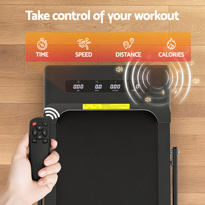 Black Everfit electric treadmill walking pad with 380mm width, designed for under-desk home gym fitness by Hlpmedical.