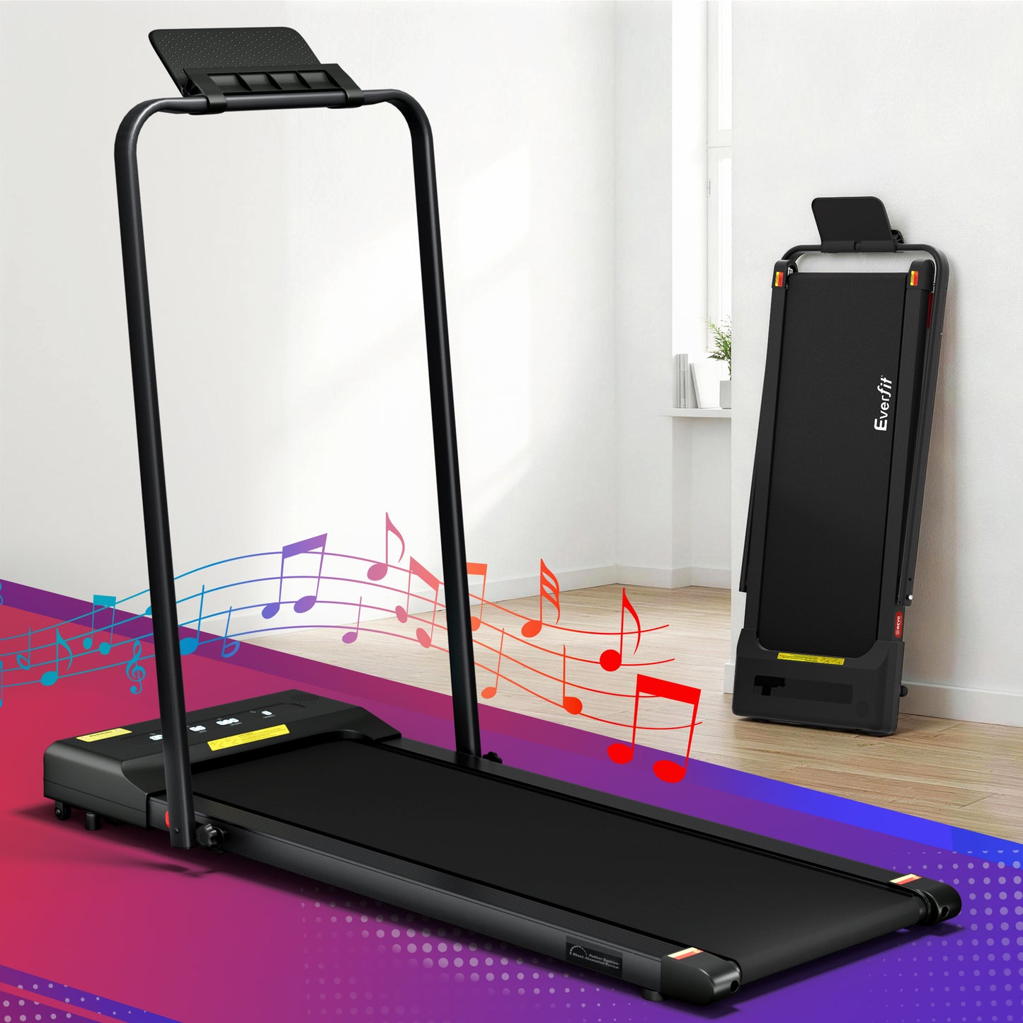 Everfit electric walking pad treadmill in black, 380mm width, designed for under-desk home gym and fitness use.