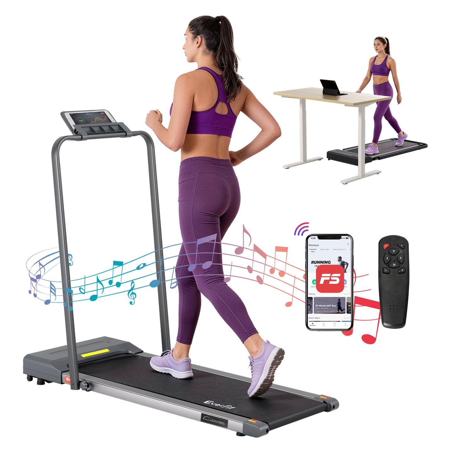 Hlpmedical Everfit electric walking treadmill pad in grey, 380mm wide, suitable for under-desk home gym workouts.