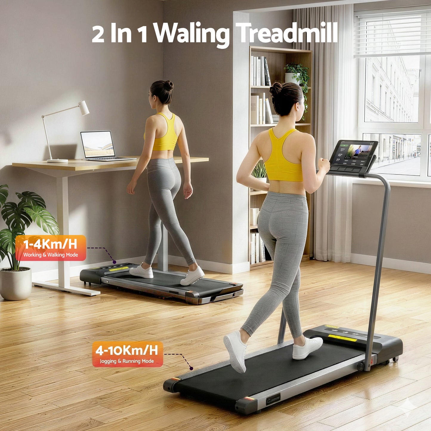 Grey Everfit electric treadmill walking pad for under-desk use, compact 380mm width, ideal for home gym fitness.