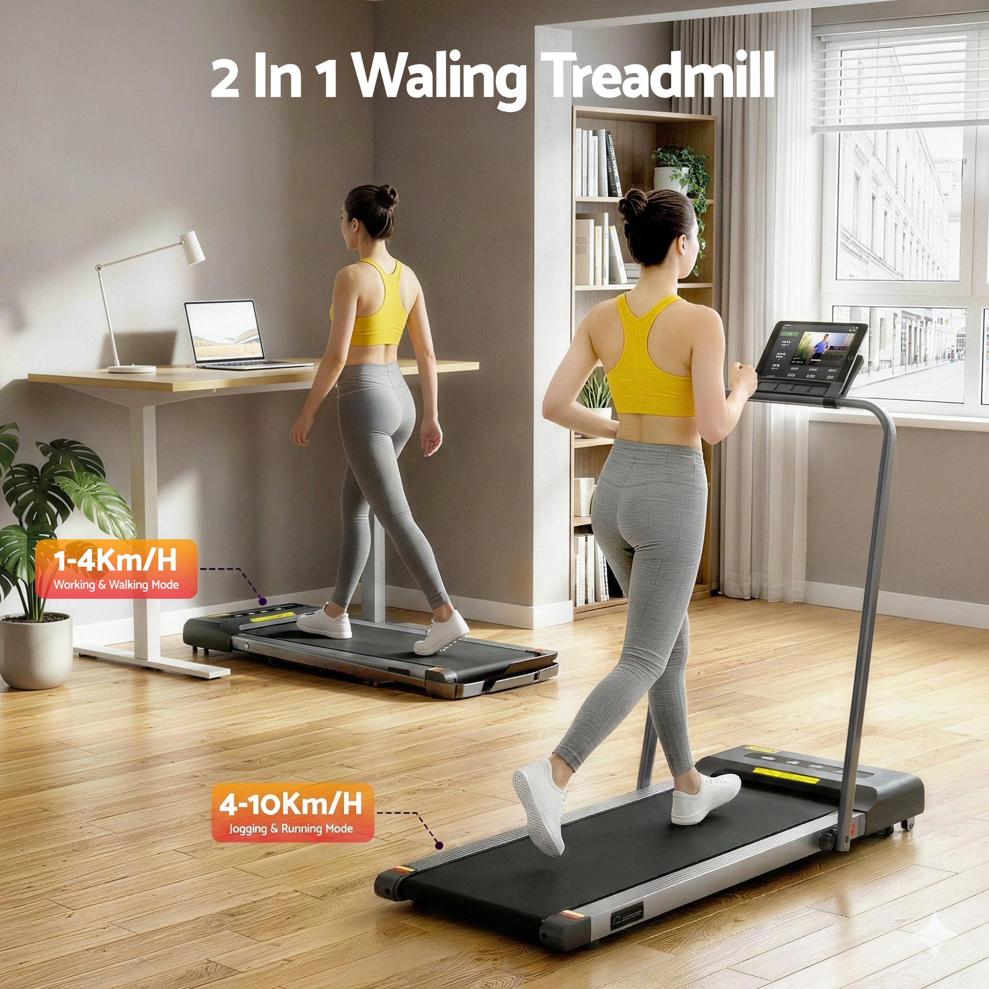 Grey Everfit electric treadmill walking pad for under-desk use, compact 380mm width, ideal for home gym fitness.