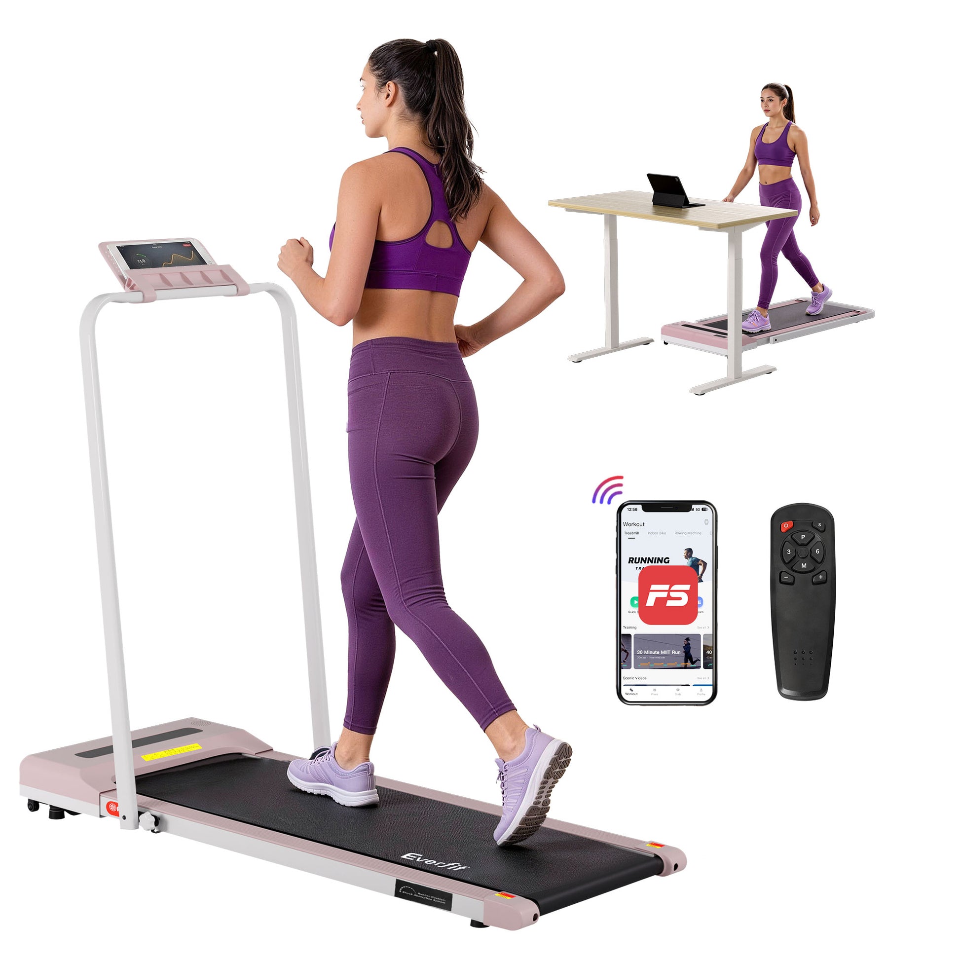 Everfit pink electric treadmill walking pad for under desk home gym fitness, 380mm width, by Hlpmedical.