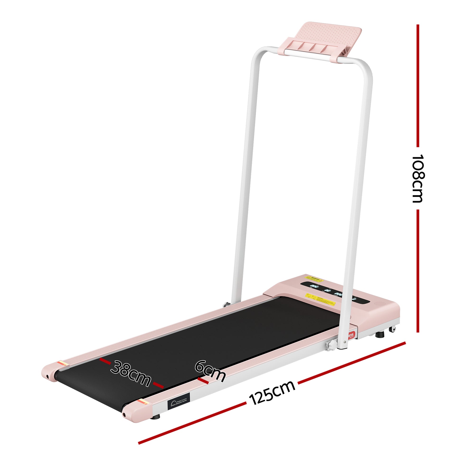 Pink Everfit electric treadmill walking pad for home gym, compact 380mm width, suitable for under-desk exercise and fitness routines.
