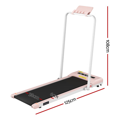 Pink Everfit electric treadmill walking pad for home gym, compact 380mm width, suitable for under-desk exercise and fitness routines.