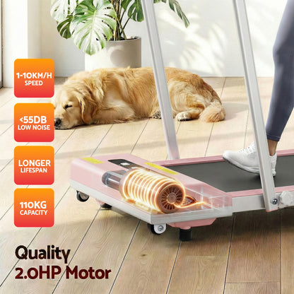 Pink Everfit electric treadmill walking pad for home gym, compact 380mm width, suitable for under desk fitness and exercise.