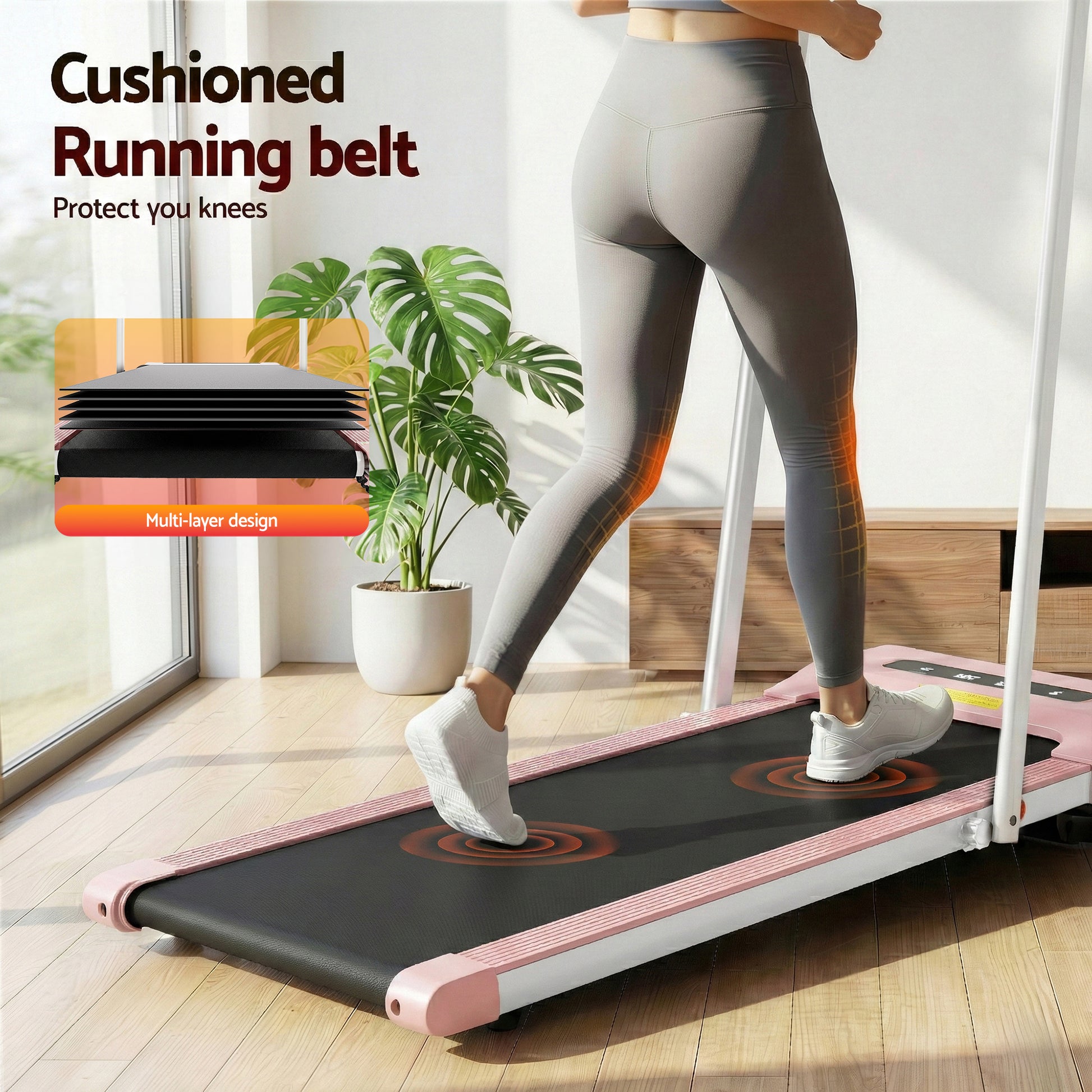 Pink Everfit electric walking treadmill pad for home gym, compact 380mm under-desk design by Hlpmedical, ideal for low-impact exercise.