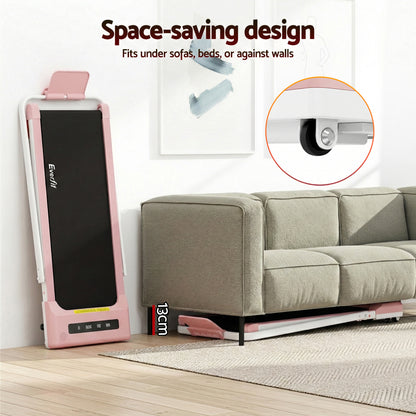 Pink Everfit electric treadmill walking pad for under desk use, compact 380mm width for home gym fitness by Hlpmedical.