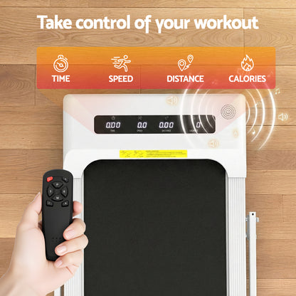 White Everfit electric walking treadmill pad for under desk home gym, 380mm wide, suitable for fitness and exercise routines.