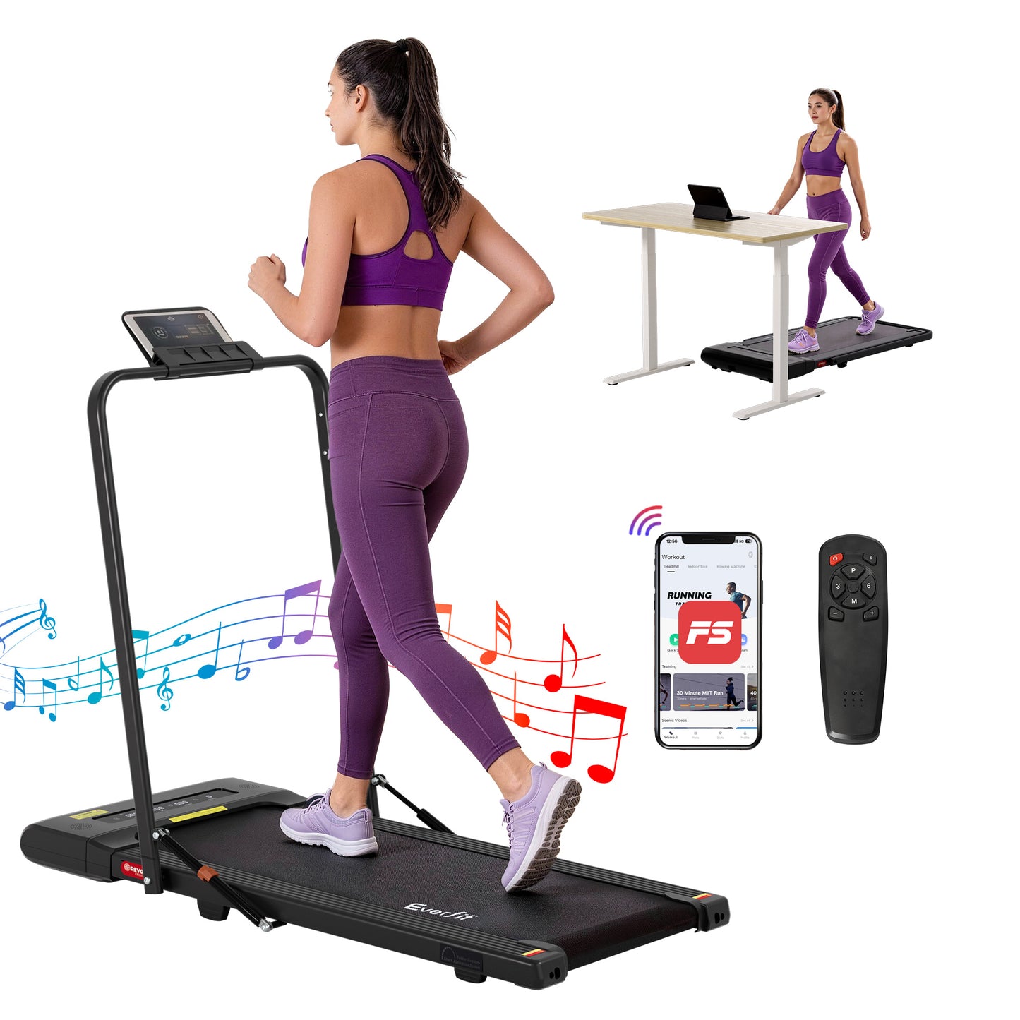 Black Everfit electric treadmill walking pad for under-desk home gym, 400mm wide, ideal for fitness and exercise.