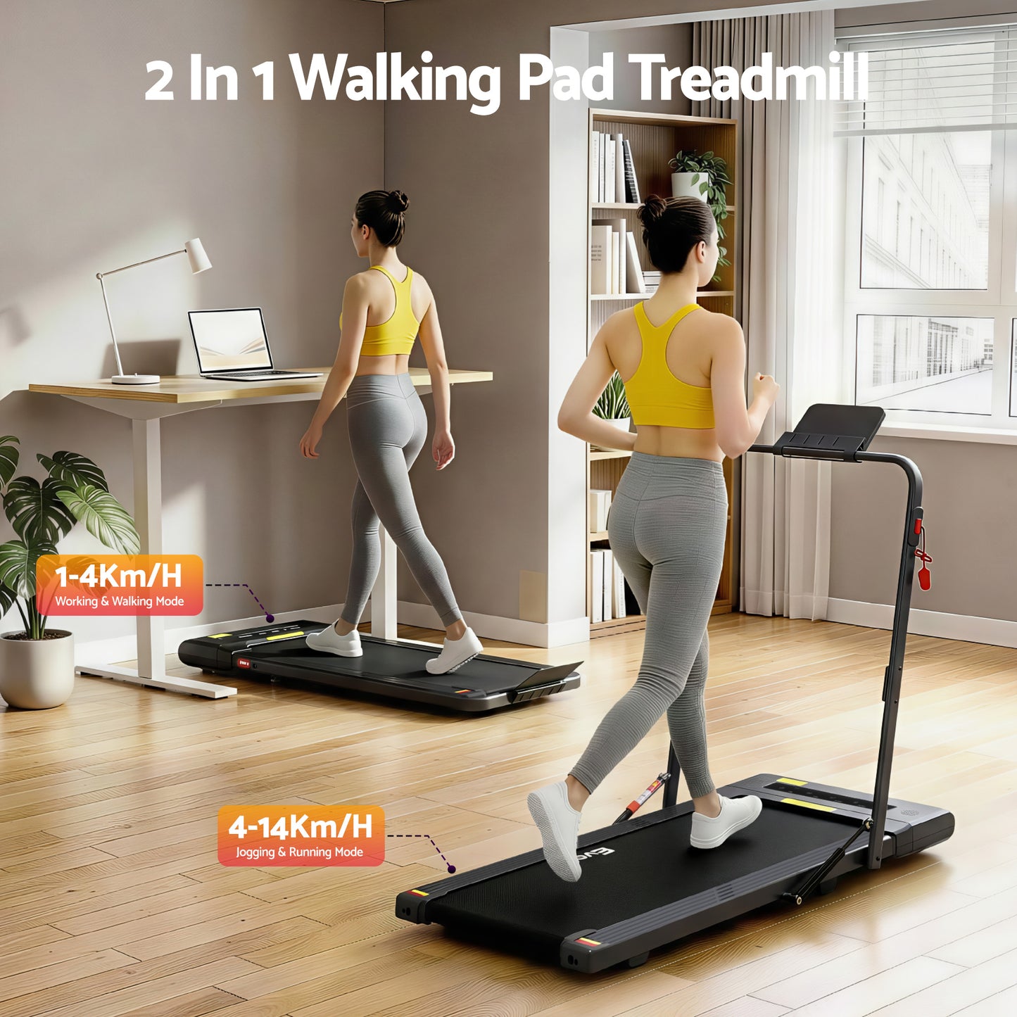 Black Everfit electric treadmill walking pad for home gym, compact 400mm size, ideal for under-desk walking and fitness.