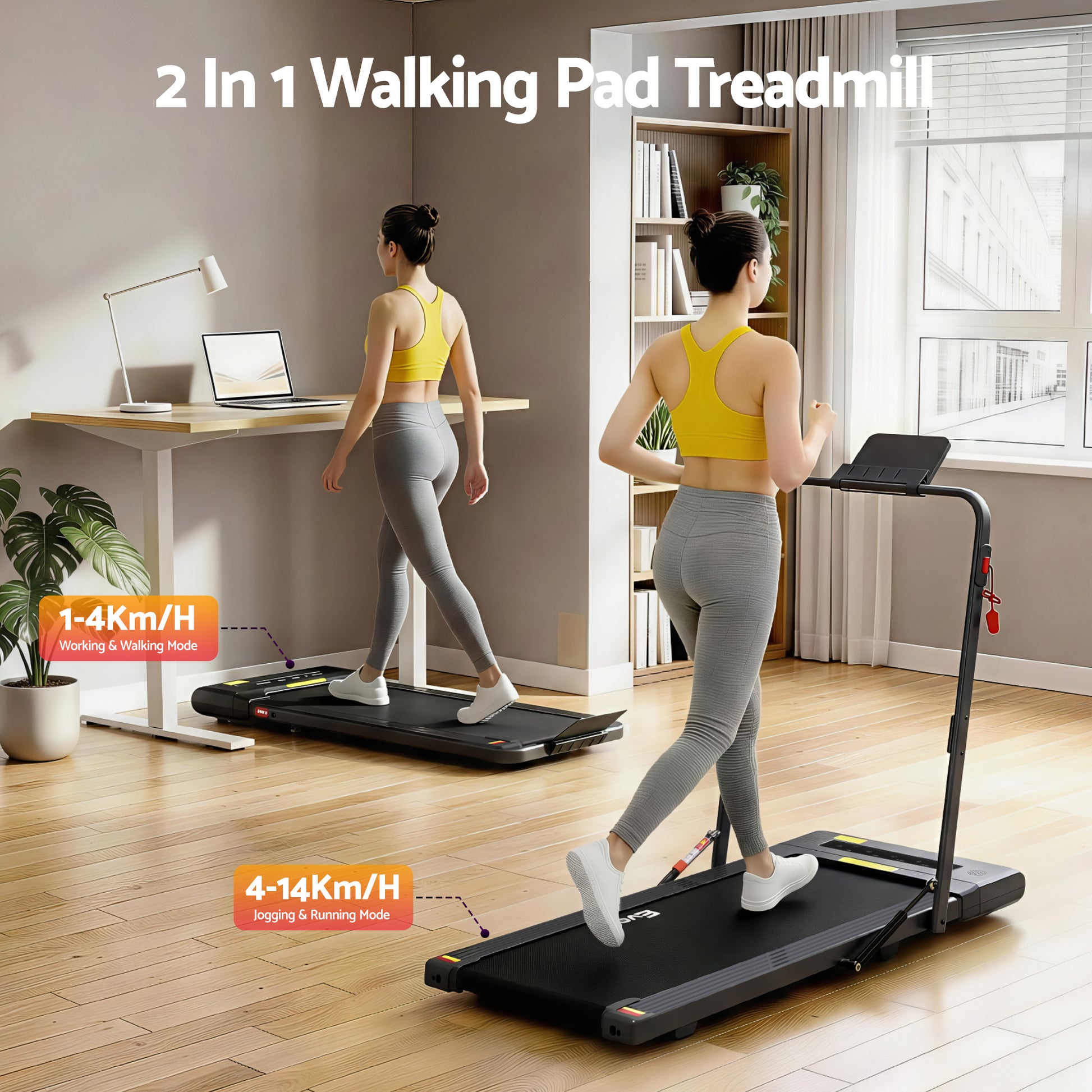 Black Everfit electric treadmill walking pad for home gym, compact 400mm size, ideal for under-desk walking and fitness.