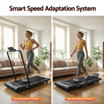 Black Everfit electric treadmill walking pad for under desk home gym fitness, 400mm wide, by Hlpmedical.