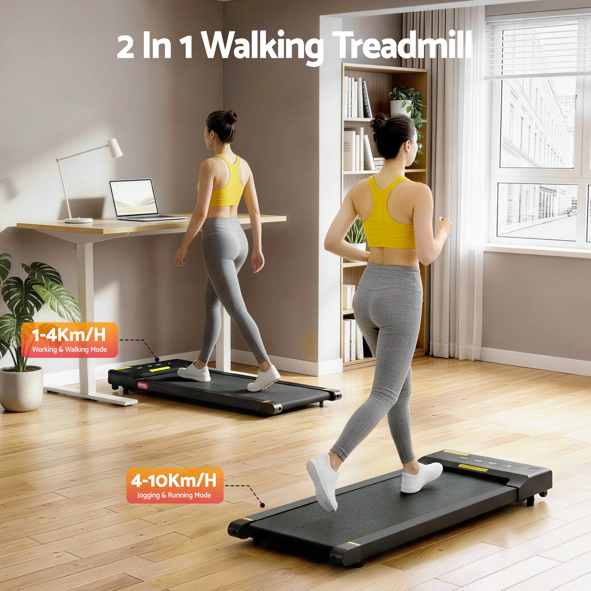Everfit electric walking pad treadmill in black, compact under-desk design for home gym and fitness walking workouts.