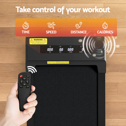 Black Everfit electric walking pad treadmill for home gym, under-desk design, 400mm width, ideal for fitness and walking exercises.