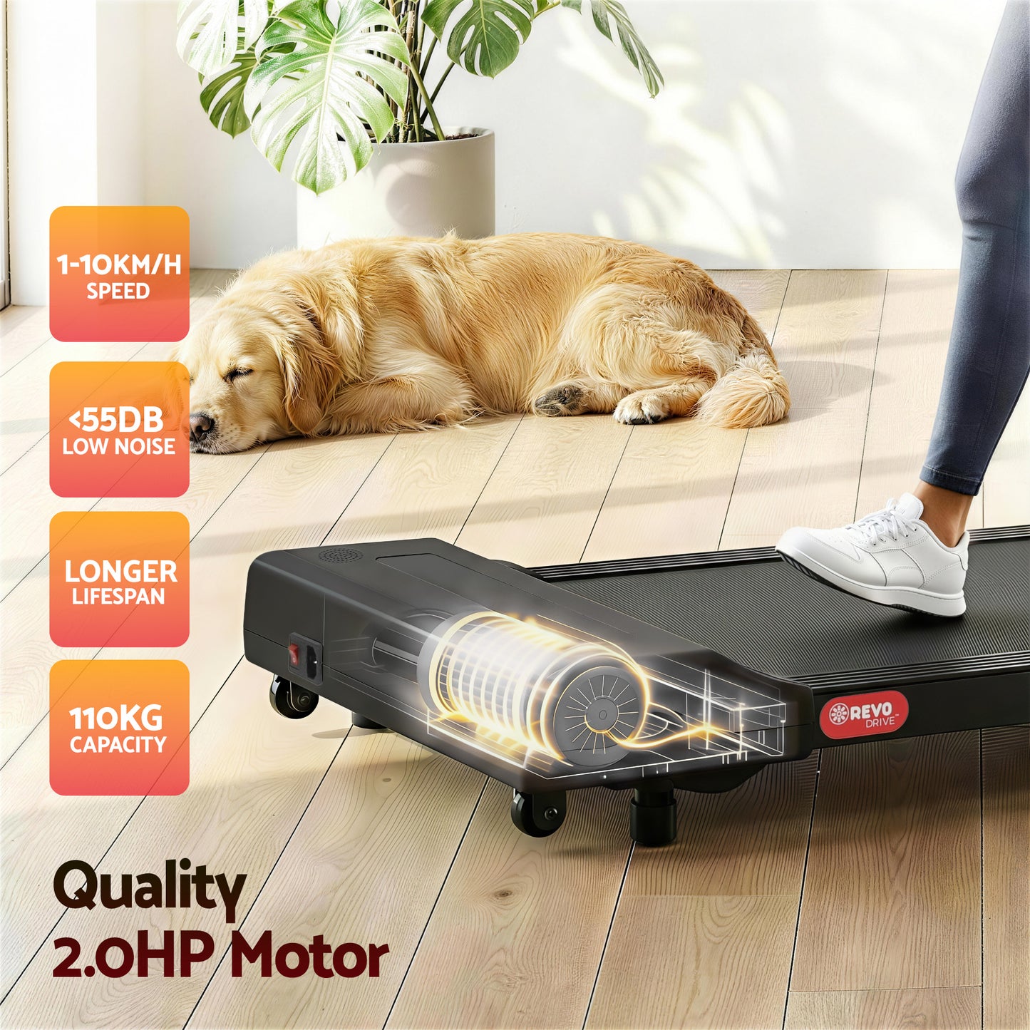 Black Everfit electric treadmill walking pad for home gym, compact 400mm size, suitable for under-desk fitness and exercise.
