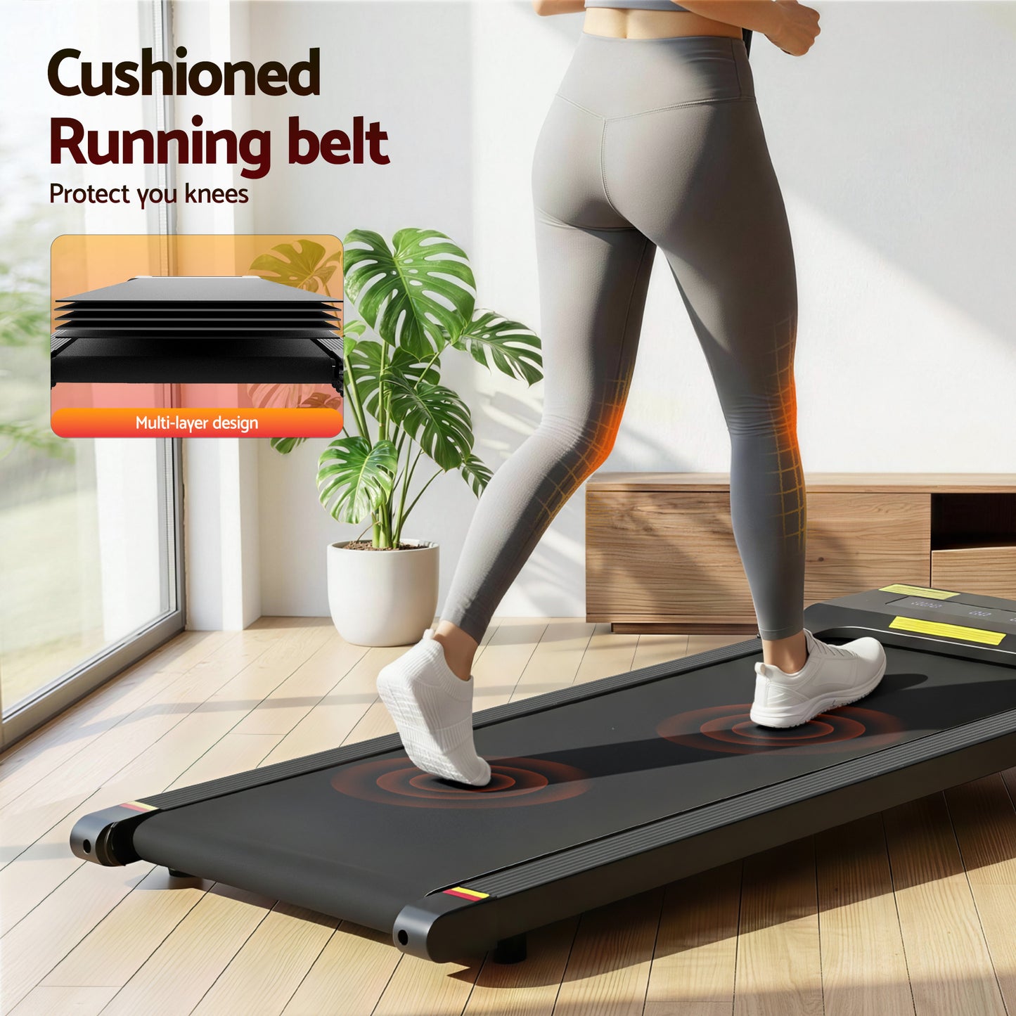 Everfit electric walking pad treadmill in black, designed for under-desk use, with a 400mm wide running surface for home gym fitness.